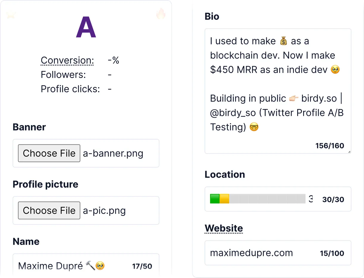 Birdy's Twitter profile A/B testing all possible components screenshot